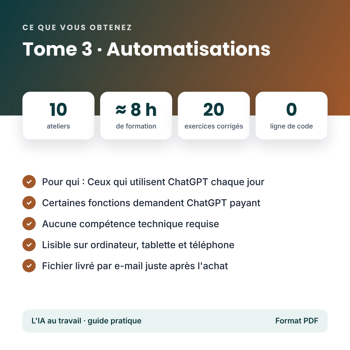 Ce que contient le tome 3 : 10 ateliers, 20 exercices corrigés, sans code